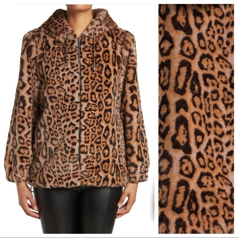 NWT. Rebecca Minkoff Aria Animal Print Hooded Faux Fur Jacket. Size M.